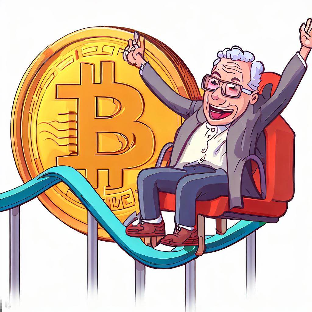 A humorous depiction of a senior character riding a Bitcoin-themed rollercoaster, representing the volatility of cryptocurrency investments.
